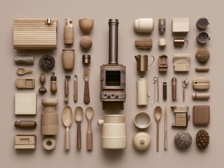 Obraz premium A collection of wooden items centered around a small fireplace unit shows a cozy cabin kit. Autumn tones create a warm feel in the layout.