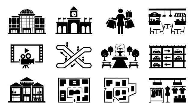 Modern shopping mall vector icons set for retail and commercial design. Flat line art symbols of stores, parking, and consumer activities in black...