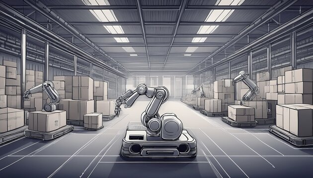 technical line art of a large warehouse with robots sorting packages representing automated storage and distribution systems