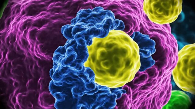 Microscopic view of immune cells attacking a virus particle in the human body, scientific illustration