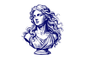Aphrodite Greek goddess of love and beauty, mythological woman in flowing dress with doves and hearts, vintage engraving illustration © Shutoda