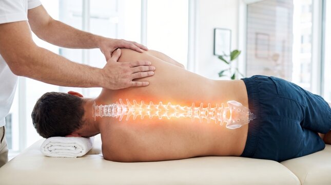 Patient receiving back massage therapy with graphical spine overlay indicating pain relief