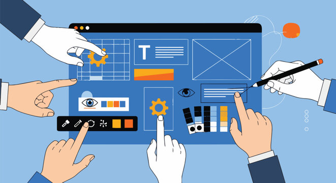 Multiple hands collaborating on a digital interface with design tools, wireframes and color palettes, ideal for web design, UI/UX development and creative teamwork.