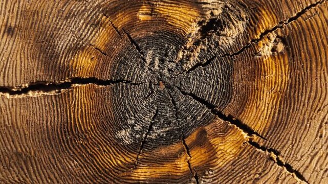 Close-up slow zoom of detailed tree stump cut with visible growth rings and radial cracks, nature