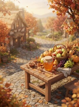 Wooden table featuring a wicker basket of fresh harvest fruits and a jar of honey in a village garden. Thanksgiving autumn scenery with pumpkin, grape, apple and golden leaf foliage.