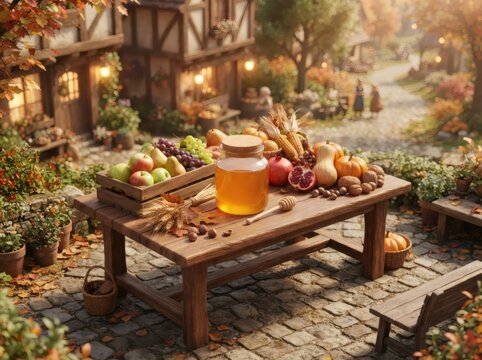 Jar of honey with fresh fruit, vegetable and nut on wooden table in garden. Autumn harvest setting with pumpkin and apple. Concept of healthy organic food for Thanksgiving dinner.