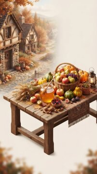 Autumn harvest table with basket of fresh fruit and honey jar. Cozy rustic garden scene with pumpkins, nuts, and berries. Thanksgiving celebration mood and seasonal holiday decor.