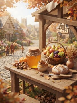 Autumn harvest food on wooden table at village market. Fresh fruit in basket, honey jar, and bread loaf. Cozy fall season atmosphere in countryside. Rustic outdoor food display.