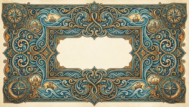 Ornate maritime frame with compass icons and ancient architectural landmarks.