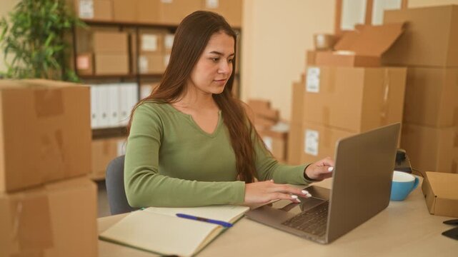 Woman typing on laptop with fingers on keyboard beside notebook and mug among parcels and cardboard box in a building; entrepreneurial focus productivity.
