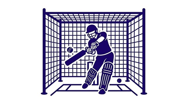 Cricket player practicing in nets. Athlete batting during training session icon.