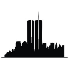Obraz premium New York City urban skyline twin towers building vector silhouette line art illustration.