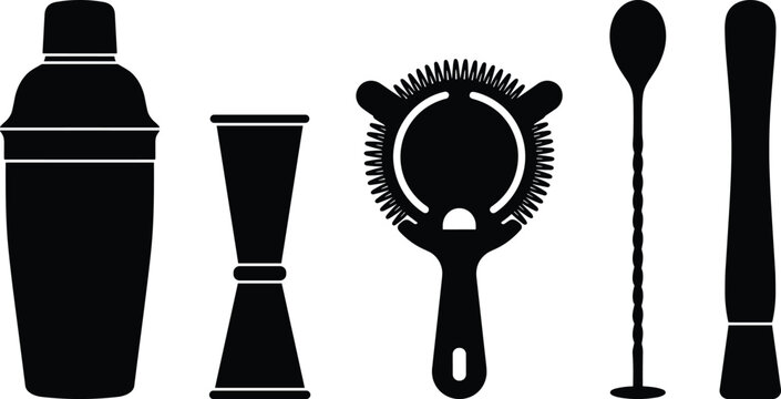 Black silhouette cocktail bar tools collection featuring shaker jigger strainer bar spoon and mixing spatula for bartending