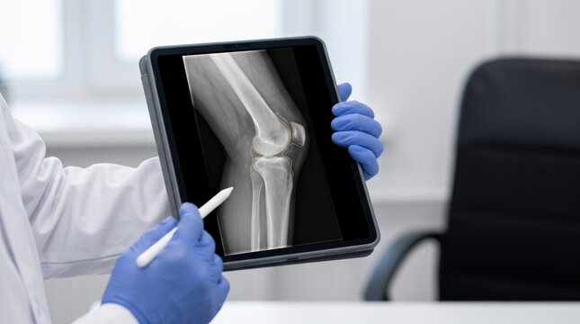 Doctor holding tablet with knee X-ray scan in white coat and blue gloves