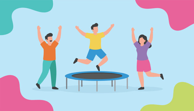 Group of active young people jumping joyfully on trampoline with arms raised during outdoor summer recreation activity.
