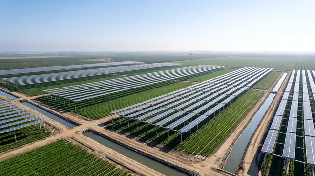 Drone-style aerial view of agrivoltaics integrating renewable energy and crop production for ESG, agriculture, and climate resilience communications.