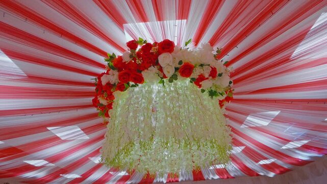 Elegant Red and White Floral Wedding Ceiling Decoration