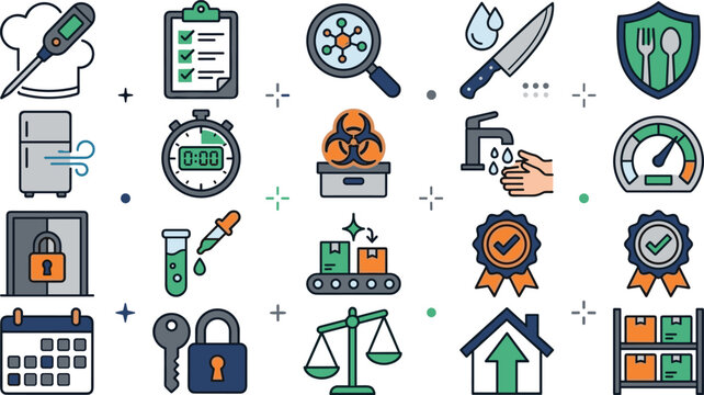 Food Safety and Quality Control Icon Set with Hygiene Inspection Temperature Monitoring Storage Security Compliance and Restaurant Management Symbols Collection