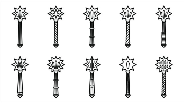 Set of 10 medieval magic wand scepter icons collection on a white background
