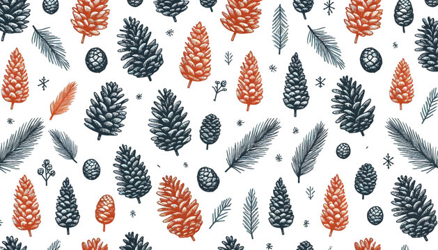 seamless vector pattern with pine cone and leaves
