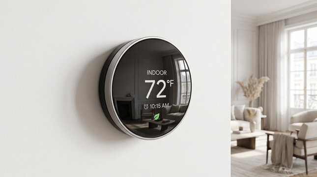 Round black digital thermostat on white wall showing 72 degrees fahrenheit and time 10:15 AM.
