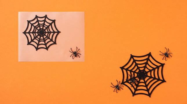Halloween decorations with black spider webs and spiders on orange background