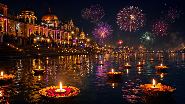 Lit diya lamps float on river water at night with fireworks exploding over illuminated temple, Diwali celebration