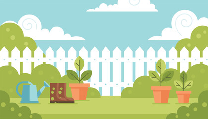 Fototapeta premium Beautiful backyard garden landscape flat illustration featuring green plants in clay pots with watering can and rubber boots.