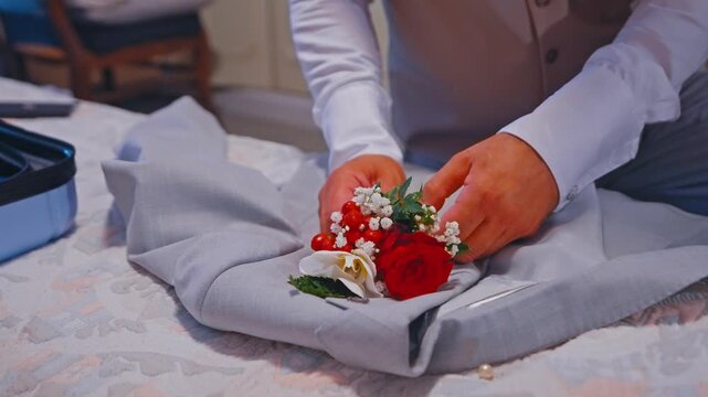 Groom Arranging Red Rose Boutonniere on Light Gray Wedding Suit