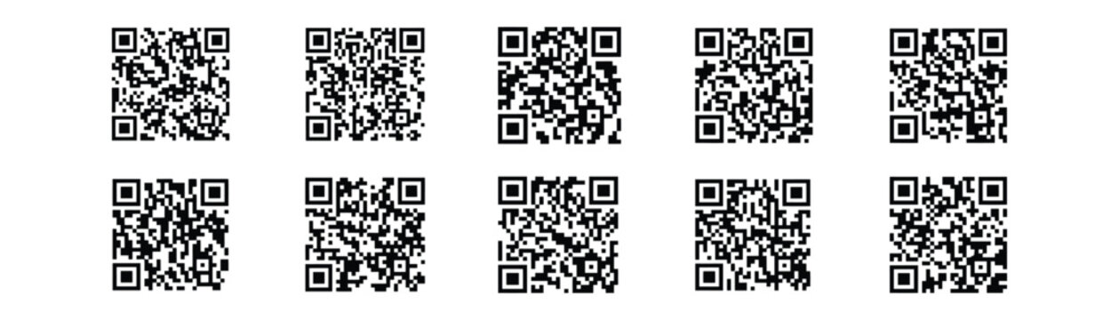 An arrangement of multiple black and white square quick response codes on a white background