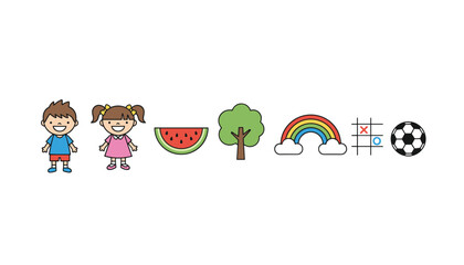 Naklejka premium Cute cartoon children graphics and summer play icons including watermelon rainbow soccer ball and board game.