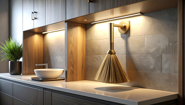 Broom and sink in modern kitchen.