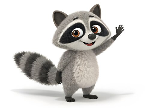 Friendly cartoon raccoon waving hand cheerfully