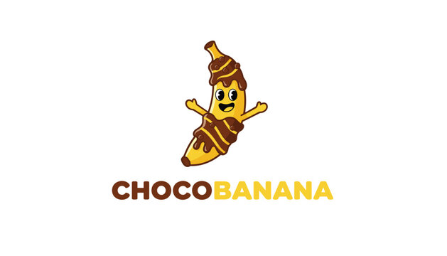 Fun chocolate covered banana mascot logo featuring a playful cartoon character design on a clean white background.