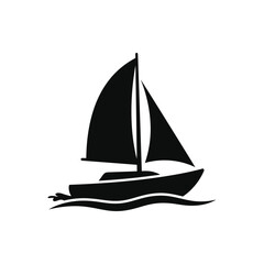 Fototapeta premium Black silhouette of a sailboat with sails up, cruising on water, simple vector icon.