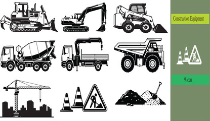 Obraz premium Construction Equipment and Heavy Machinery Vector Icon Set with Excavator, Bulldozer, Loader, Dump Truck, Crane, Concrete Mixer, Road Work and Safety Signs. Editable stroke with Vector illustration.