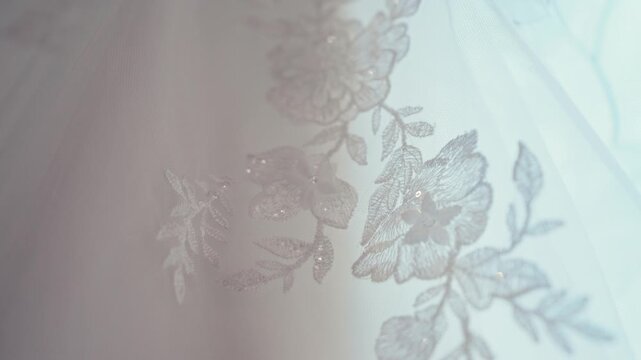Close Up of Delicate Floral Lace on Bridal Veil in Soft Light