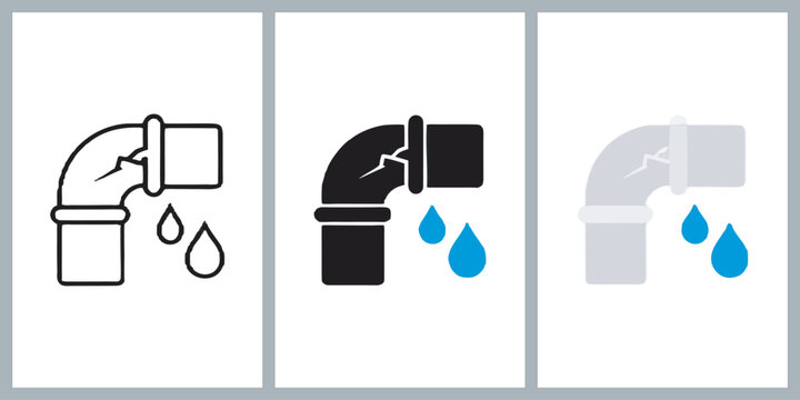 Leaking Water Pipe Icon Set &ndash; Plumbing Leak, Broken Pipeline and Water Drop Vector Collection,