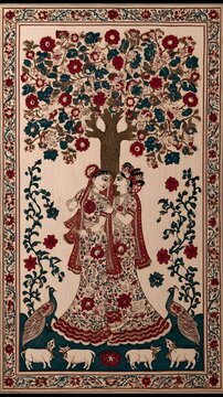 Traditional Kalamkari painting of Radha and Krishna beneath a flowering Kadamba tree, graceful flowing garments with intricate floral motifs.