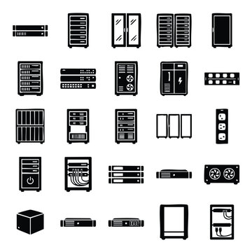 Server rack and data center equipment icon set with mainframe computer hardware components server room electrical panel hardware networking technology infrastructure equipment computer