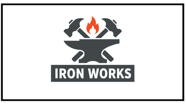 Strong iron works logo showing crossed hammers above an anvil and hot forge flame inside a dark border frame.