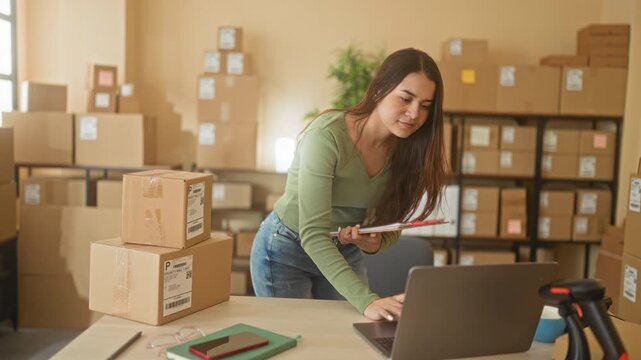Woman writing on clipboard while checking parcel packages and laptop in a small business building; entrepreneurial focus.