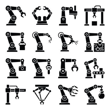 Industrial robotic arms and automated manufacturing machinery icon set with industrial automation manufacturing technology mechanical machinery assembly engineering production cybernetics