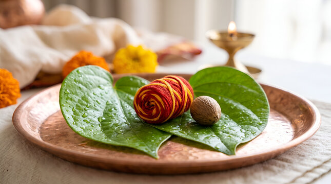 Sacred Red Yellow Mouli Thread Roll and Supari on Fresh Green Betel Leaves Plate