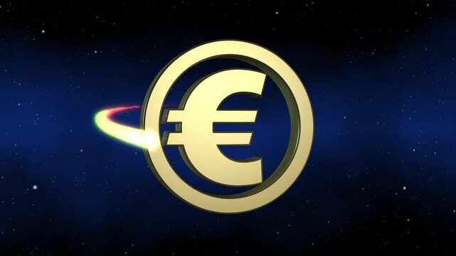 Bronze Euro currency symbol rotating with a glowing orbital effect in starfield. Seamless looping animation for banking, finance, forex, investment and global economy.