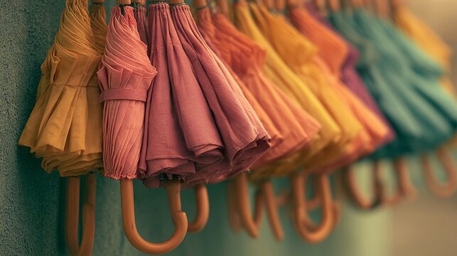 Row of colorful folded fabric umbrellas hanging with wooden handles