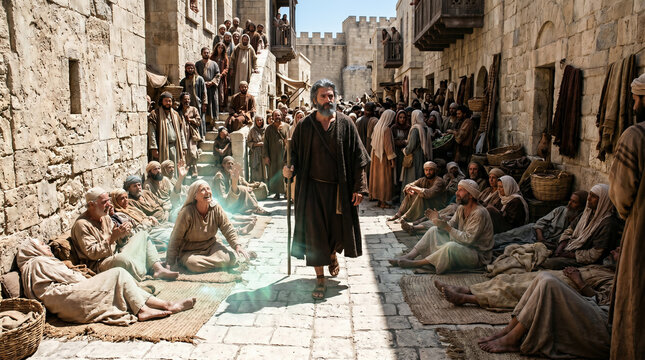 The sick and afflicted being laid out on mats in the streets of Jerusalem, hoping that even the shadow of Peter might fall on them to heal them