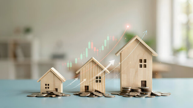 Wooden houses on coins with upward growth chart and arrows symbolizing financial increase