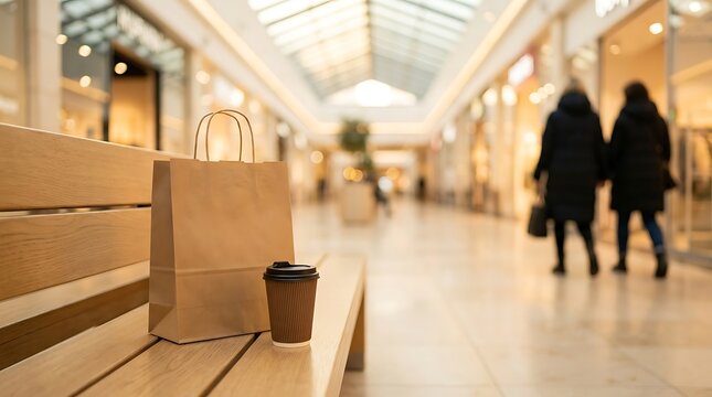 Brown paper shopping bag and coffee cup on wooden bench inside modern shopping mall with blurred background and people walking, creating atmosphere of consumerism and leisure.