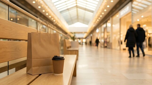Brown paper shopping bag and coffee cup on wooden bench inside modern shopping mall with blurred background and people walking, creating atmosphere of consumerism and leisure.